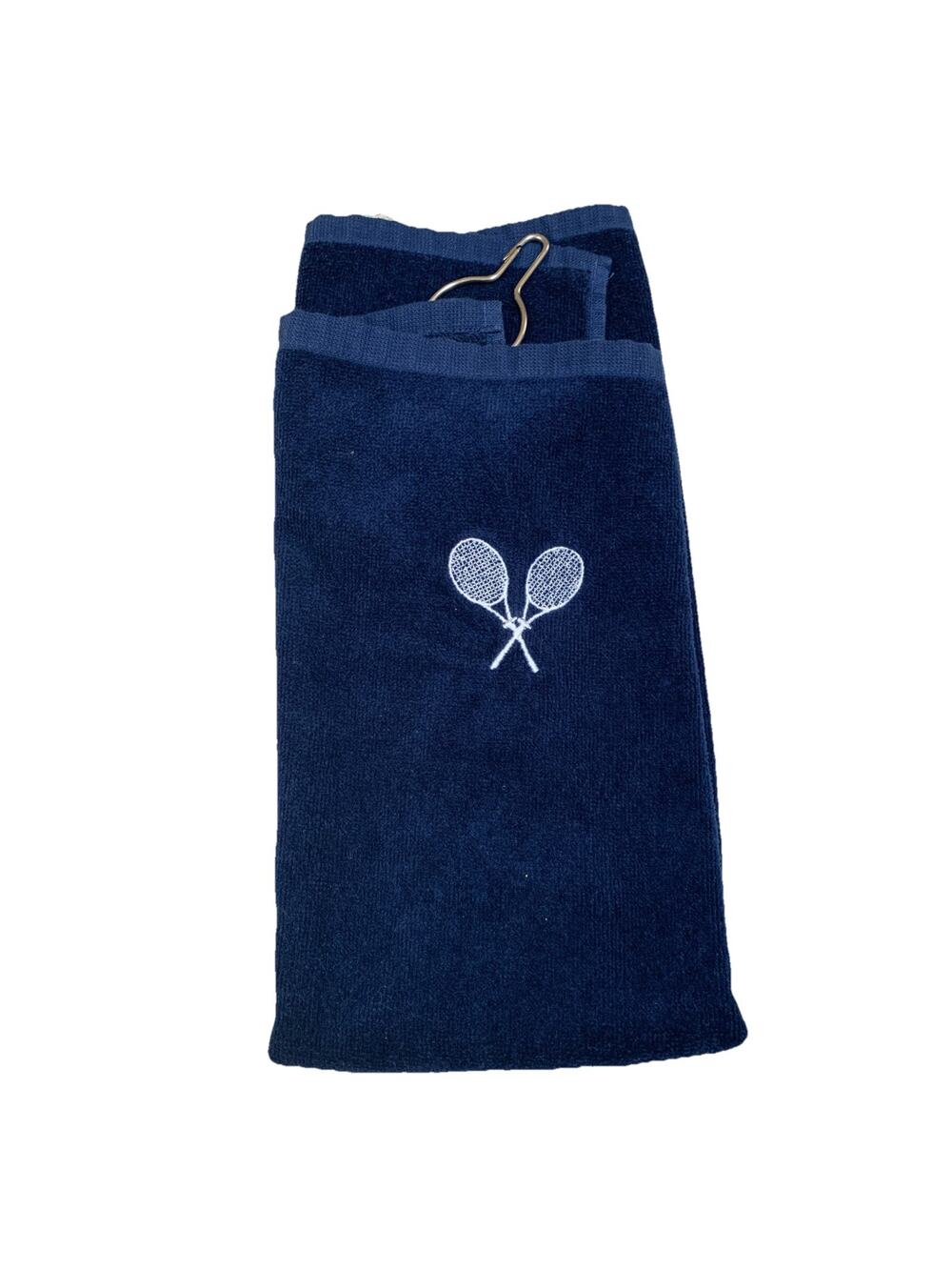 Blue Embroidered Tri-Fold Tennis Towel With Grommet 100% Cotton 22x14